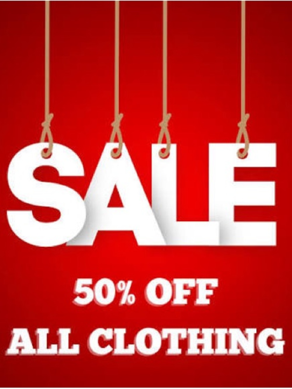 50% Off All Clothing THIS WEEK ONLY
MAKE ME AN OFFER